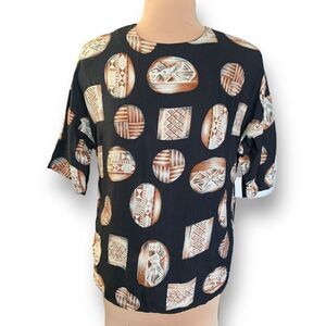 Vintage Casual Corner Top Black Brown Native Abstract Art Short Sleeve Blouse